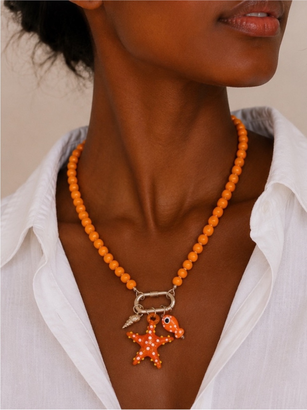 New! Orange Beaded Starfish Fish SheCarabiner Necklace NWOT 5035 - Picture 2 of 3